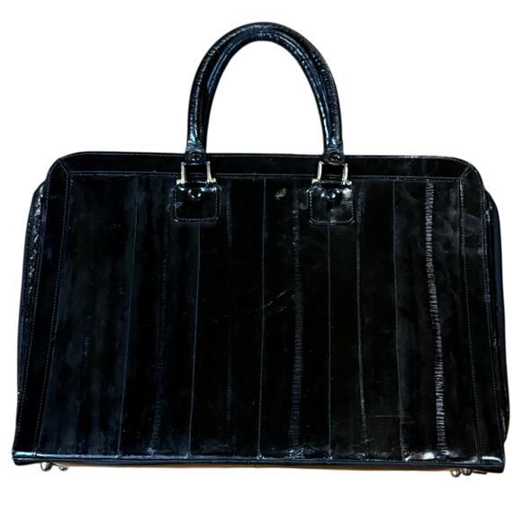 Vintage Black Eel Skin Briefcase High Polish Double Handle Full Zip - Picture 1 of 16